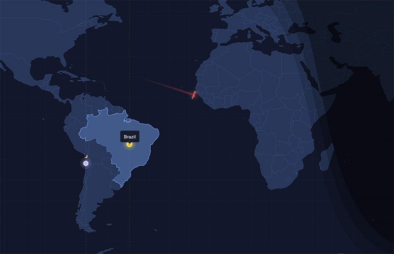 Day & Night World Map showing sun and moon positions over the Americas