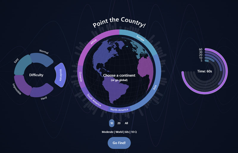 Point the Country geography quiz game on an interactive world map